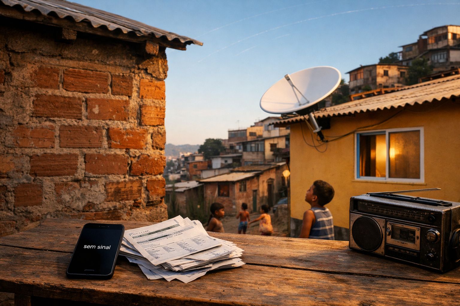 Celular sem sinal, rádio, contas e crianças em bairro humilde ao entardecer.