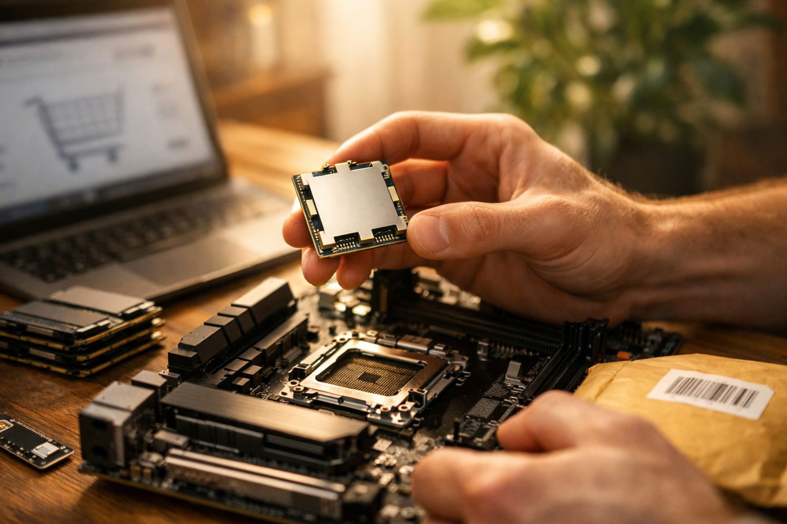 Pessoa segurando um microchip próximo a placa-mãe de computador sobre mesa de madeira.