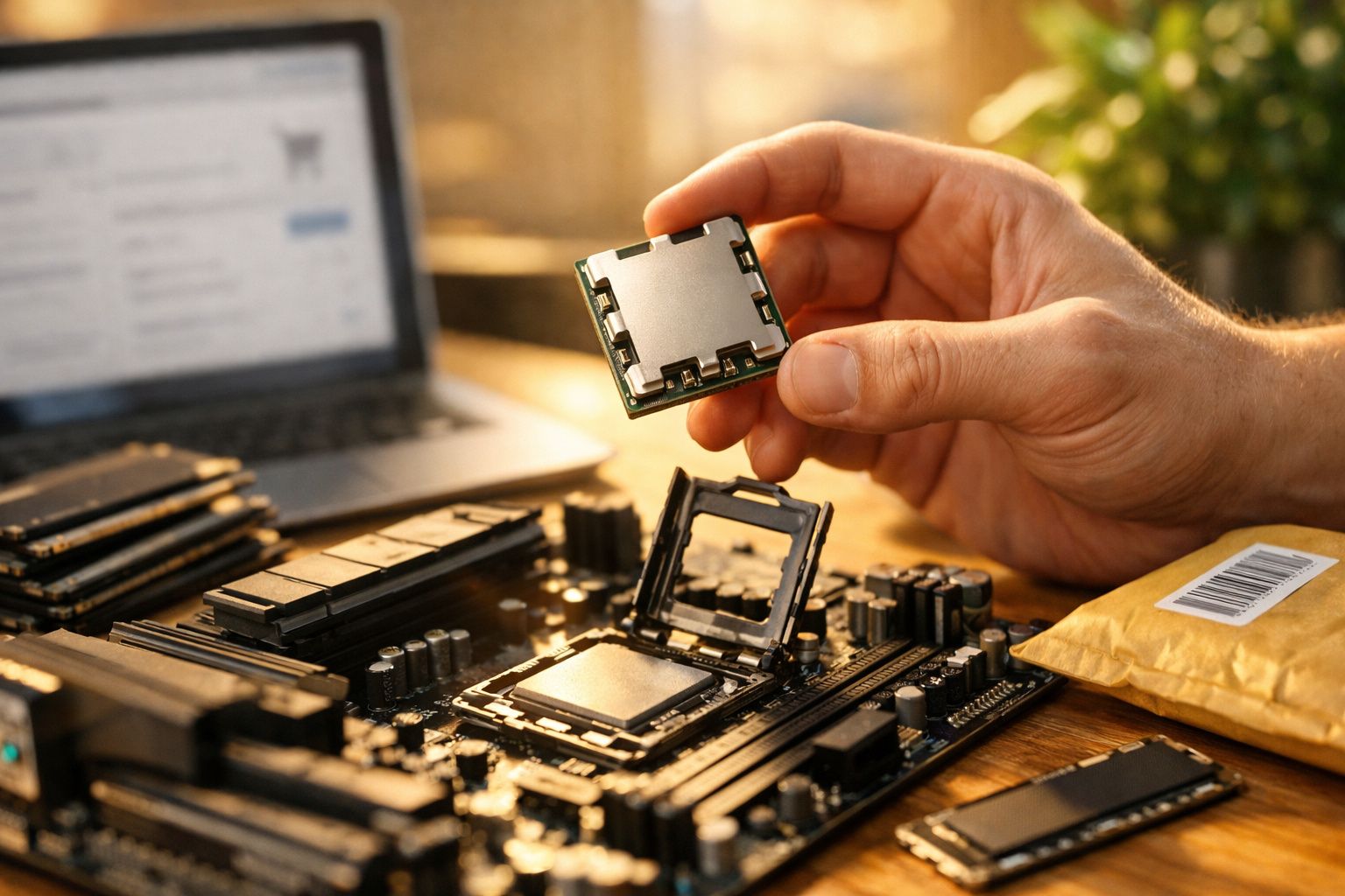 Mão posicionando um processador para instalar em uma placa-mãe com notebook ao fundo.