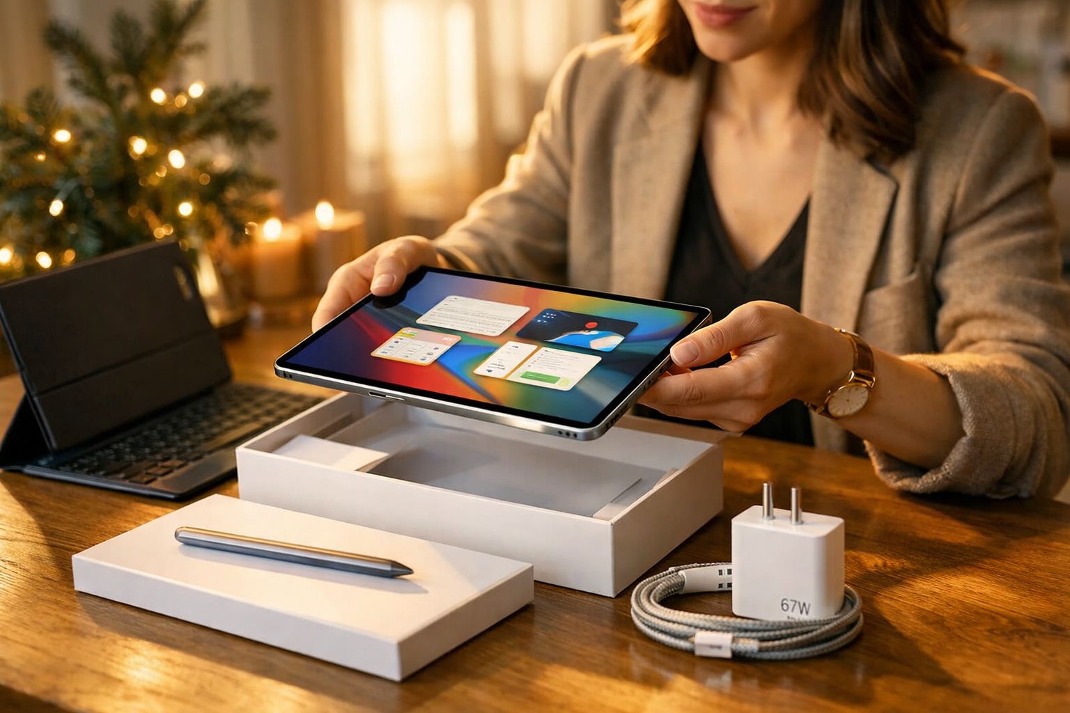 Pessoa segurando tablet tirado da caixa com carregador e caneta na mesa.