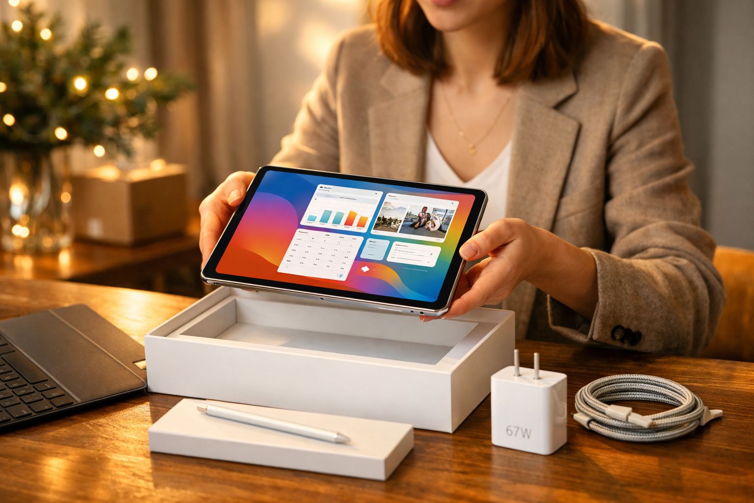 Pessoa segurando tablet com interface de aplicativos, ao lado de carregador, cabo e estojo sobre mesa.