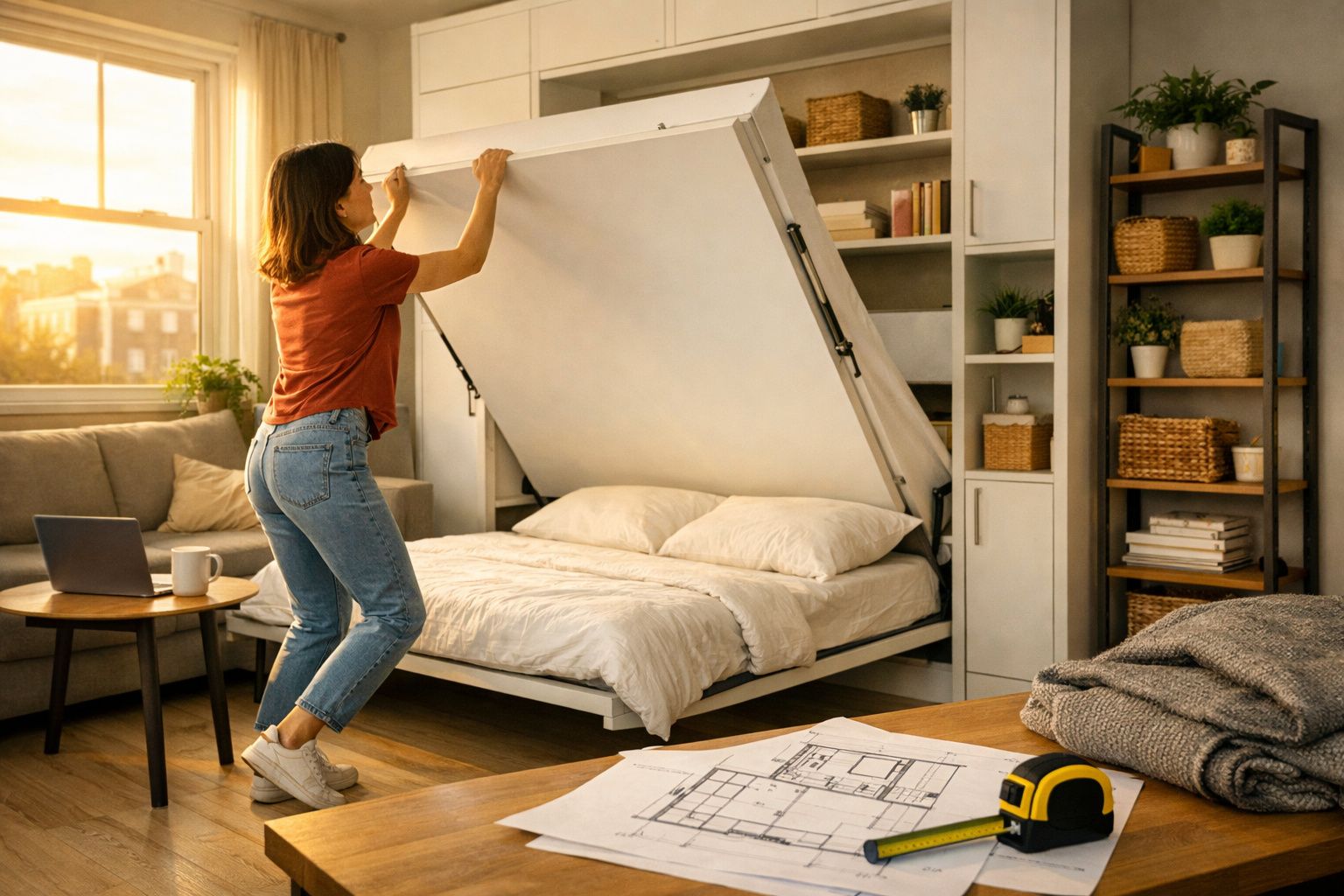 Mulher abrindo cama retrátil embutida em móvel com prateleiras em sala iluminada.