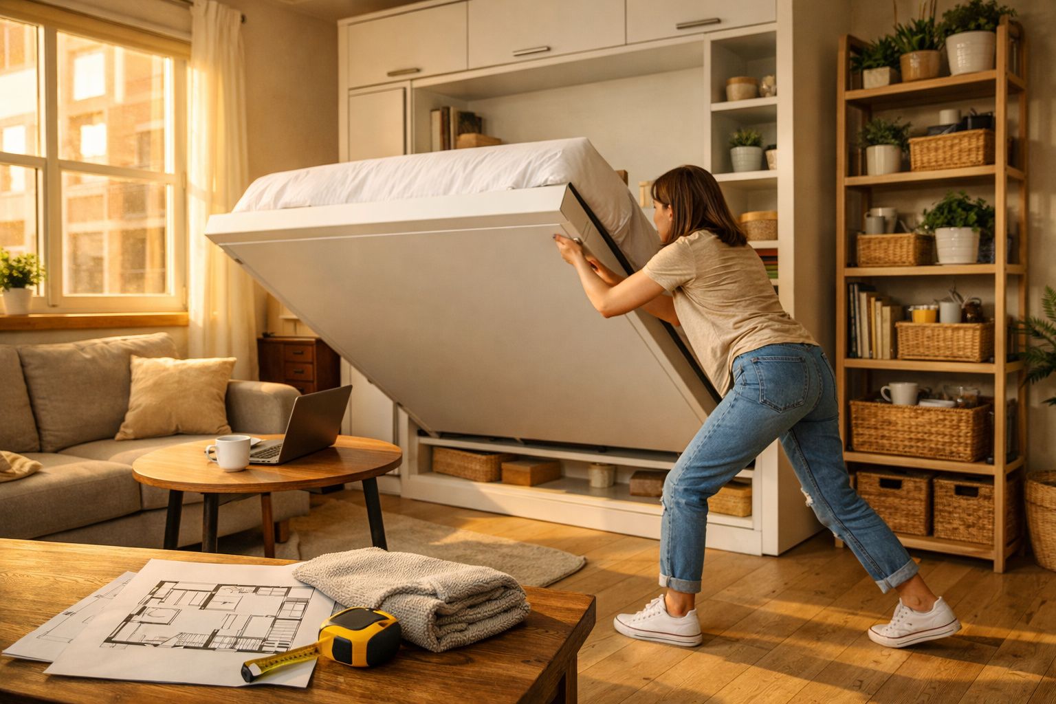 Mulher abrindo cama retrátil em sala de estar decorada com sofá, estantes e luz natural.
