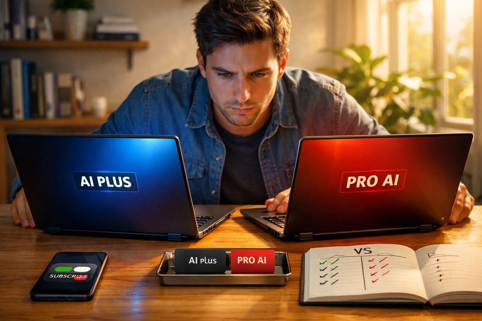 Homem analisando dois notebooks com etiquetas "AI Plus" e "Pro AI" e comparando resultados em caderno.