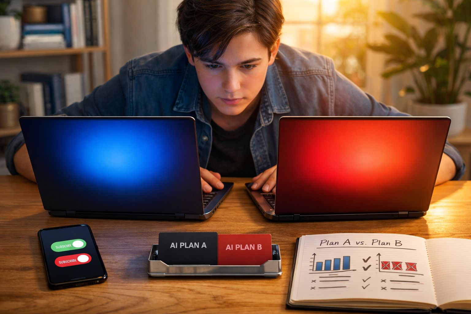 Jovem usando dois notebooks, comparando planos A e B com gráficos e assinaturas em smartphone.