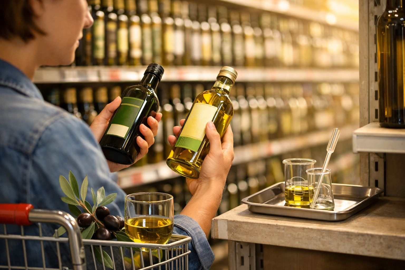 Pessoa comparando duas garrafas de azeite em supermercado, carrinho com azeitonas e copo ao lado.
