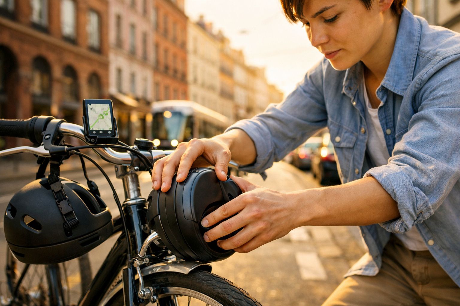 Pessoa prende capacete dobrável em bicicleta com suporte de GPS em ambiente urbano ao entardecer.