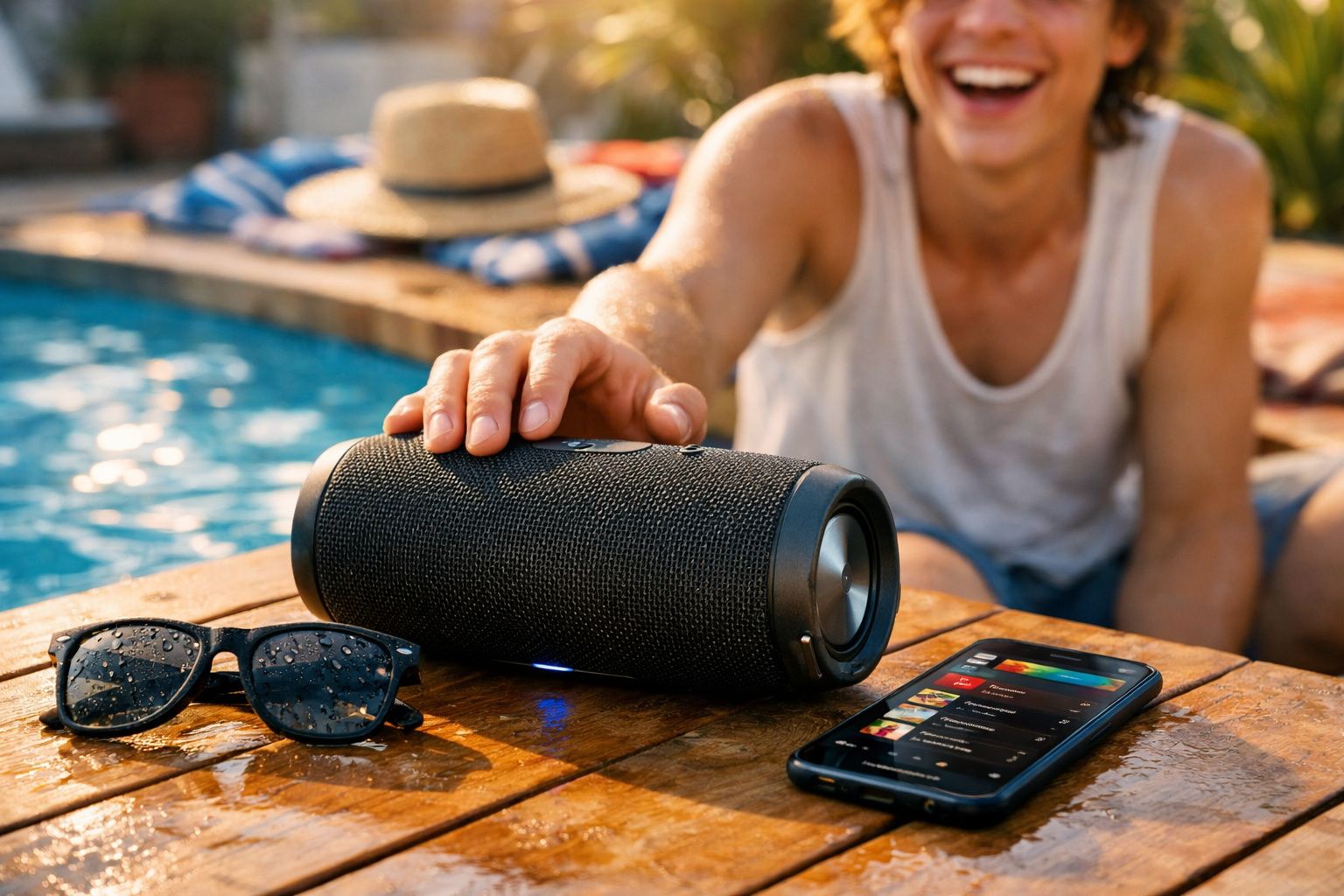 Pessoa ajustando caixa de som portátil à beira da piscina com óculos escuros e celular ao lado.