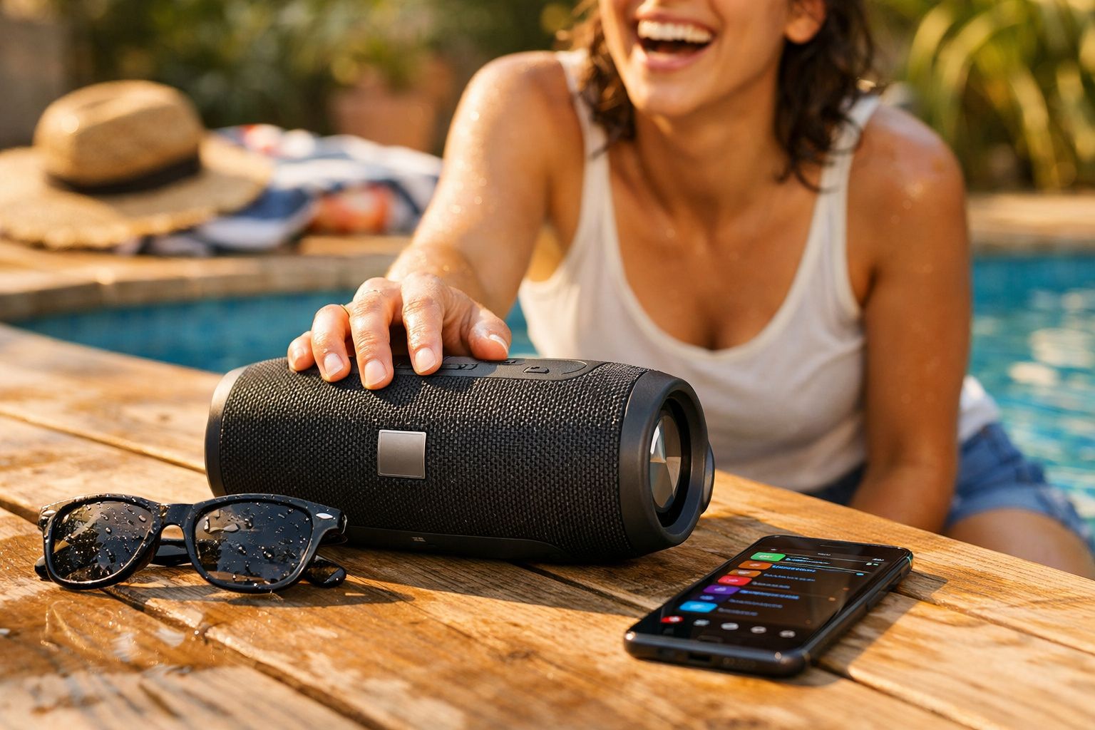 Pessoa ajusta caixa de som portátil perto de celular e óculos em mesa ao lado de piscina.