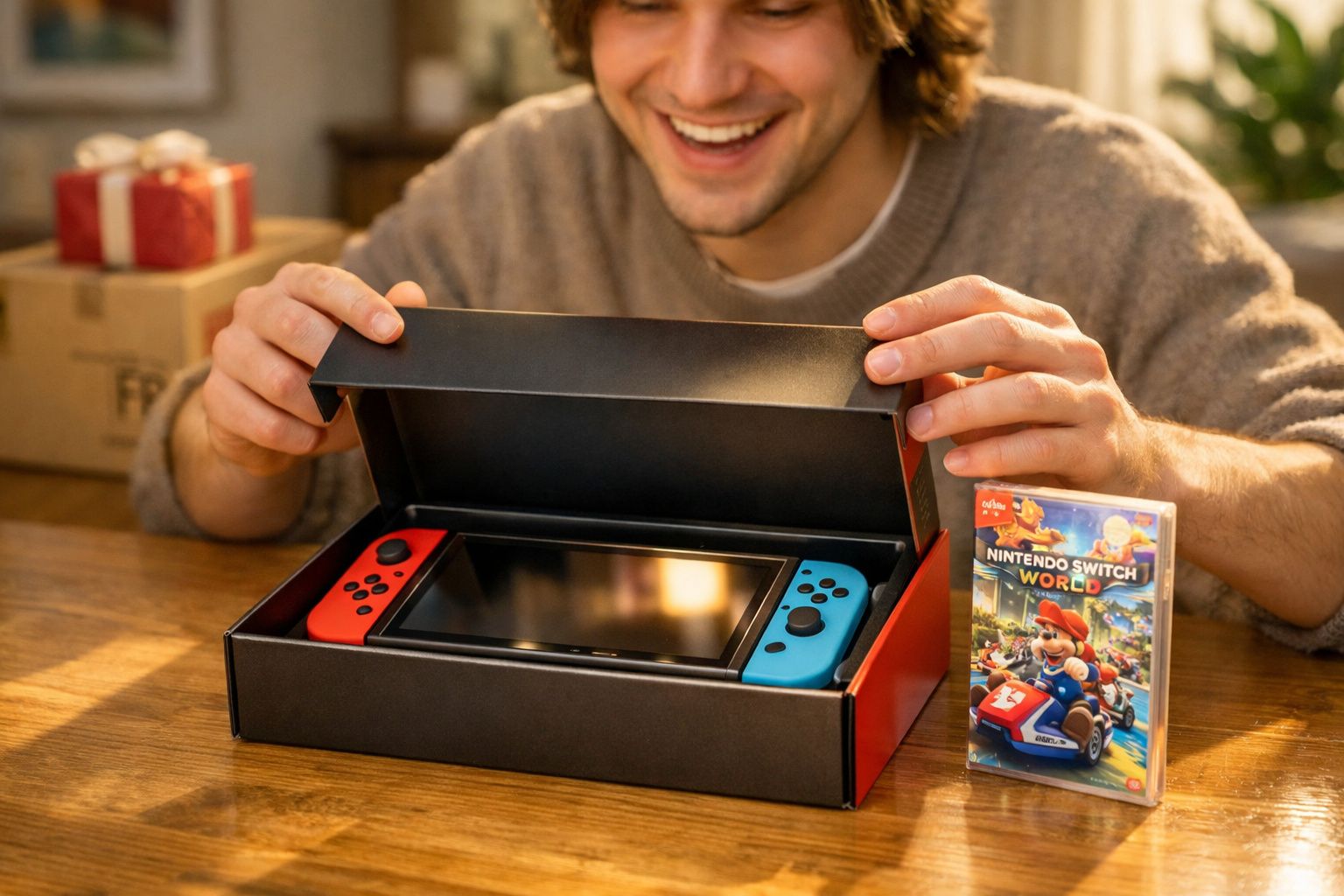 Pessoa sorrindo abrindo caixa com console Nintendo Switch e jogo Nintendo Switch World sobre mesa de madeira.