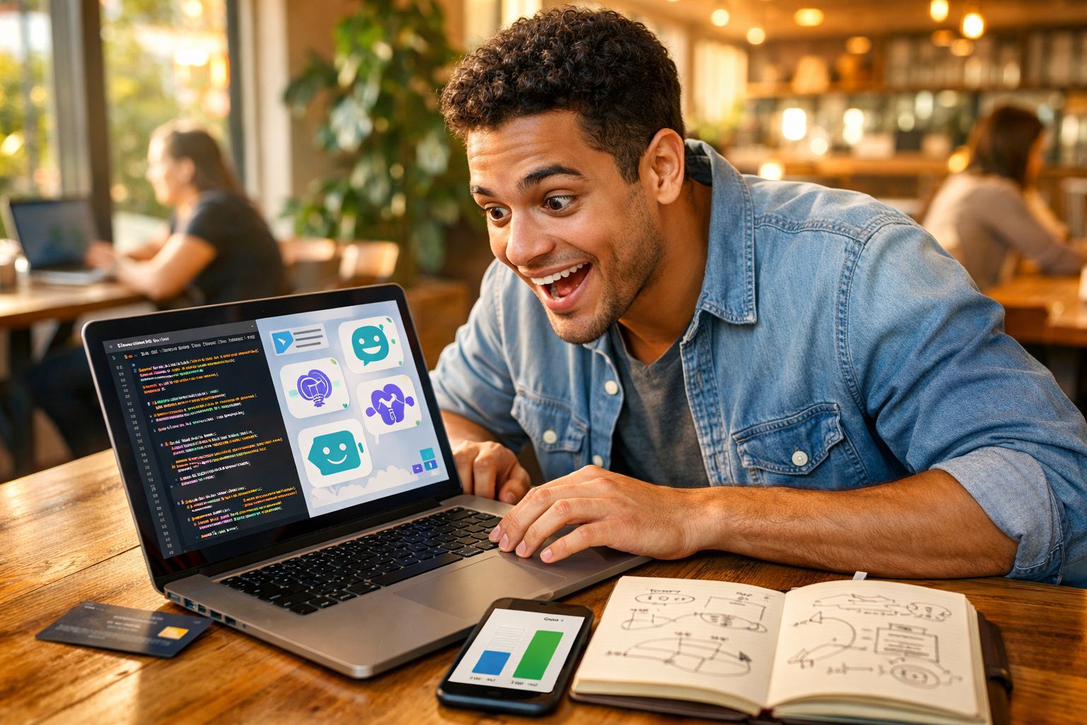 Jovem animado olhando para notebook com códigos e gráficos em café, cercado por caderno e celular.