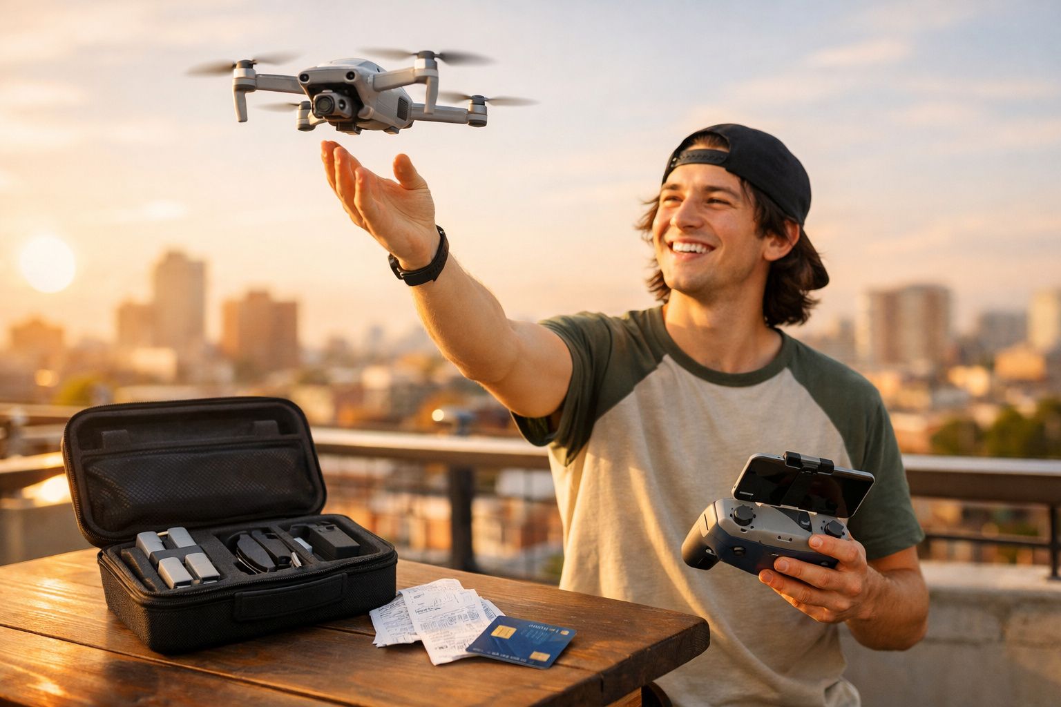 Jovem sorridente controlando drone com controle remoto em área externa ao pôr do sol.