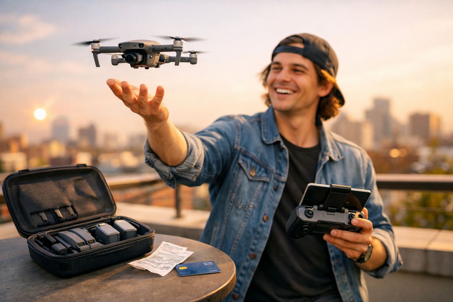 Jovem sorrindo controla drone voando com controle remoto em área externa ao entardecer.