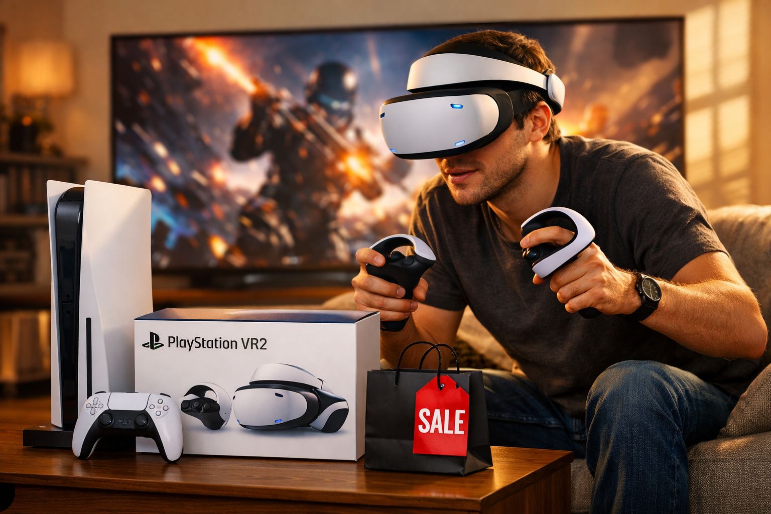 Homem usando headset PlayStation VR2 e controles, ao lado do console PS5, caixa e sacola de promoção.