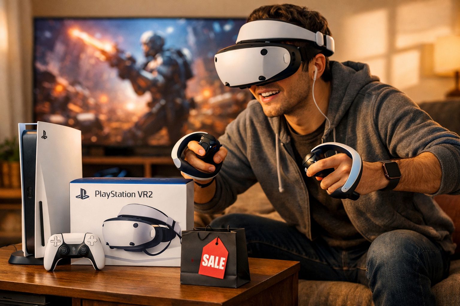 Homem usando óculos e controles de realidade virtual PlayStation VR2, com console e caixa na mesa.