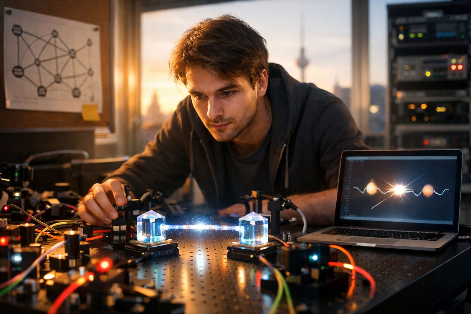 Jovem cientista ajusta equipamento óptico com laser em laboratório tecnológico ao pôr do sol.