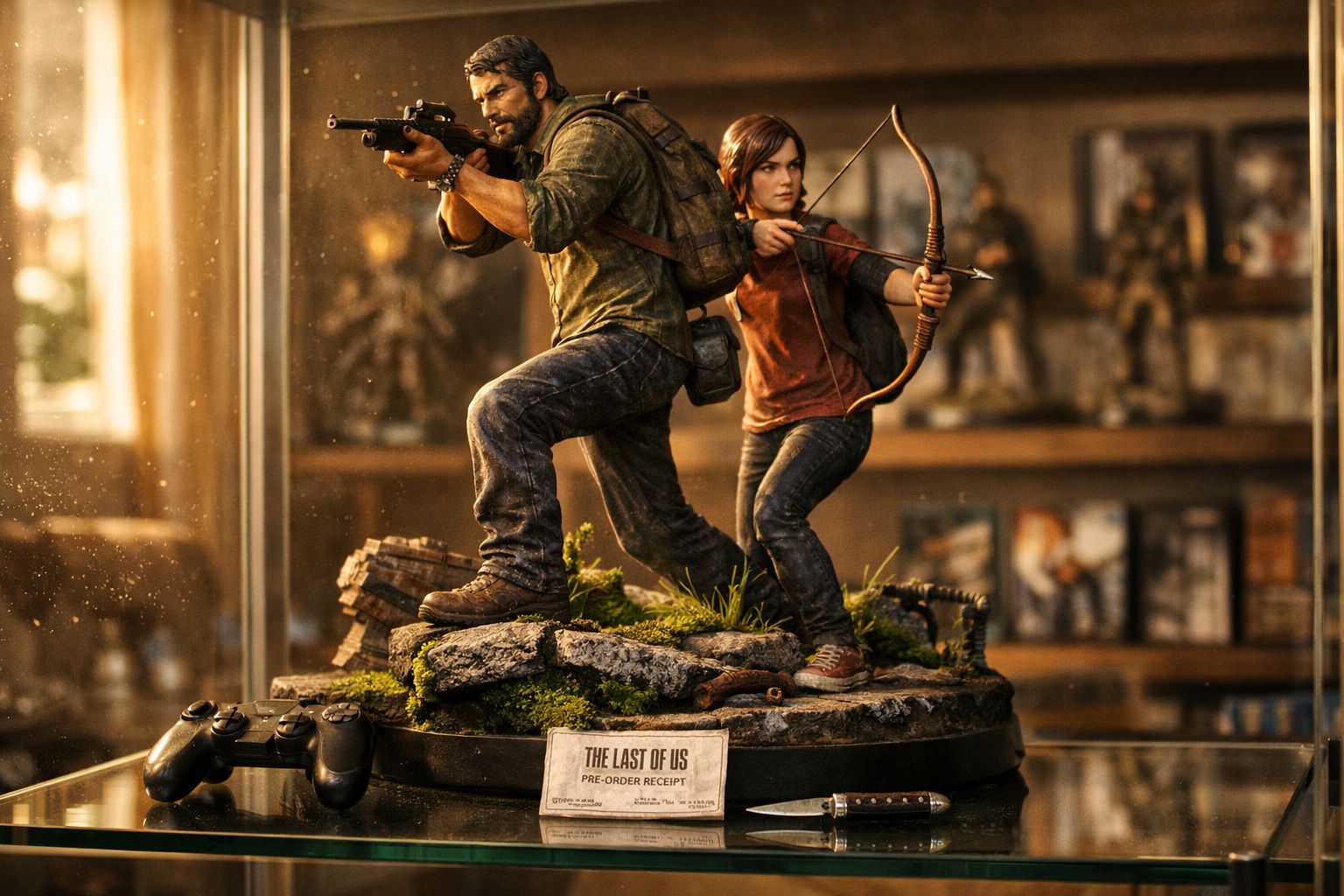 Estátua colecionável do jogo The Last of Us com personagens armados e controle de videogame ao lado.