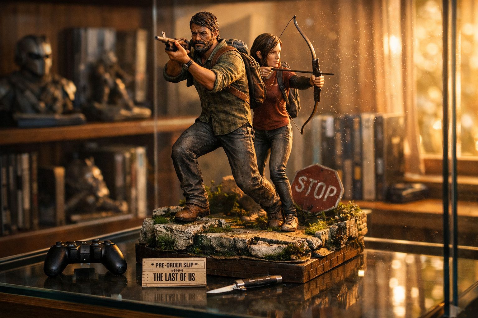 Estatueta dos personagens Joel e Ellie armados, da série de videogame The Last of Us, sobre base detalhada.