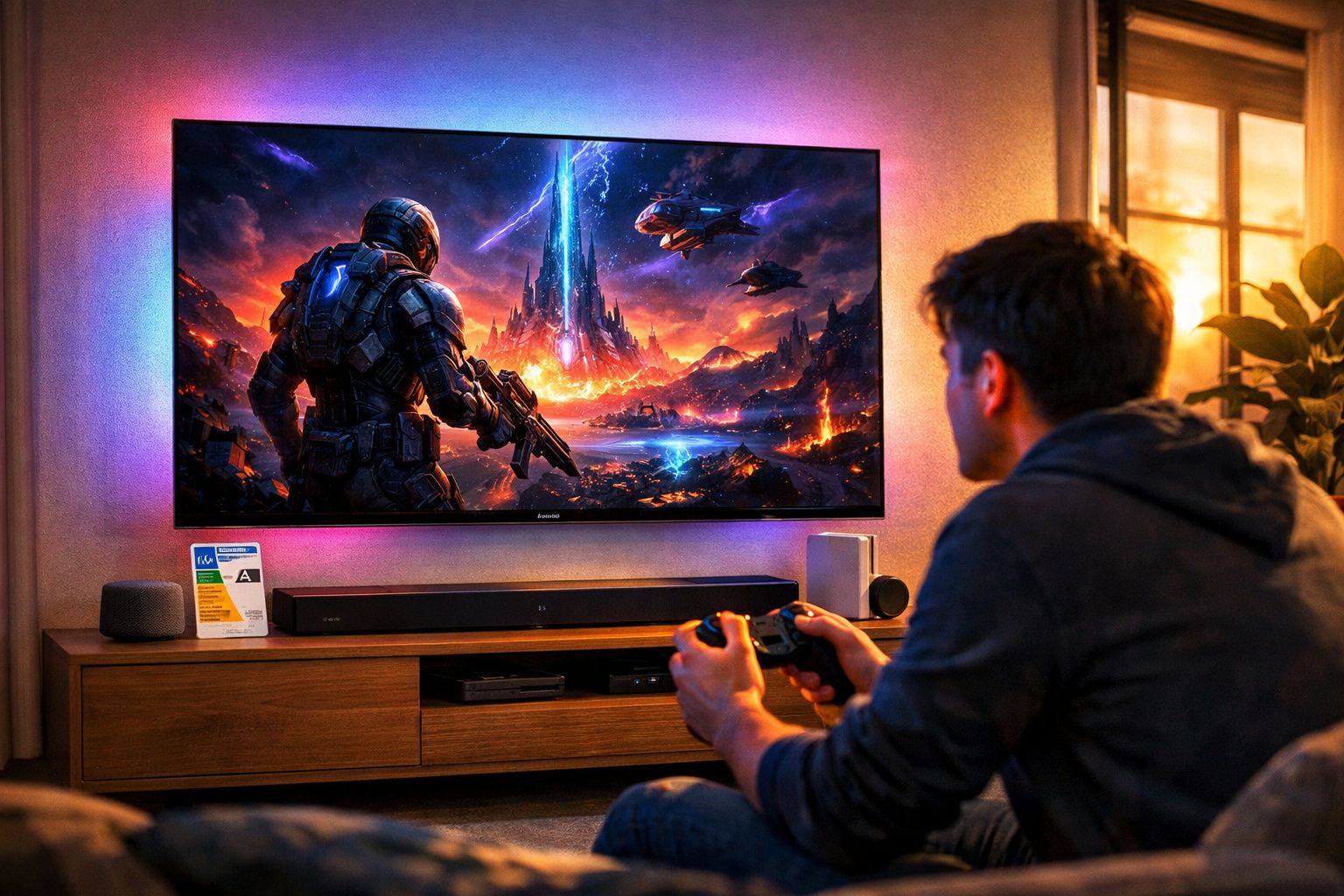 Homem jogando videogame de ação em TV grande com tela de cenário futurista e colorido.