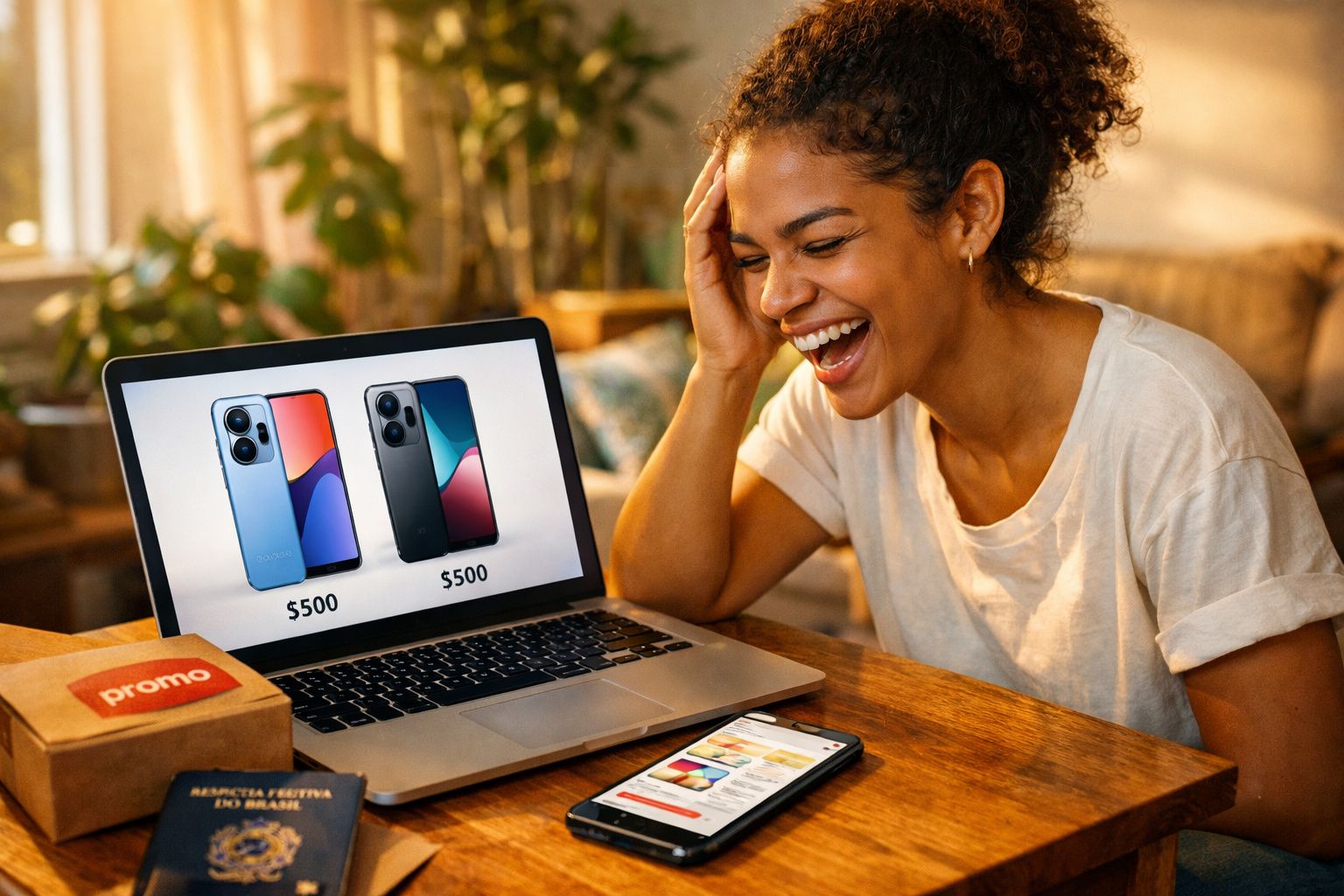 Mulher sorridente olhando para promoções de smartphones no laptop em ambiente iluminado e aconchegante.