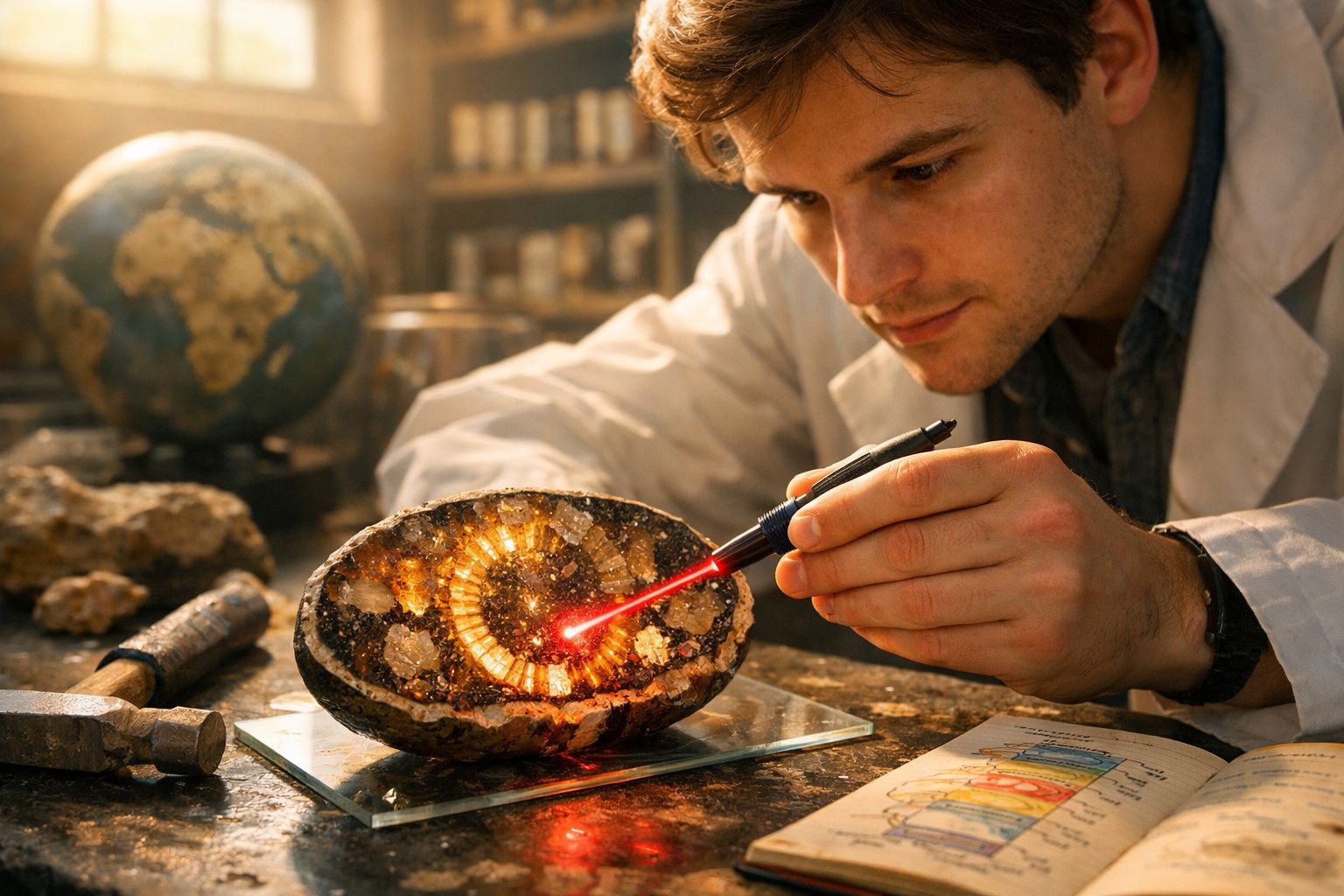 Homem analisa fóssil de amonite iluminado com luz vermelha em laboratório de paleontologia.