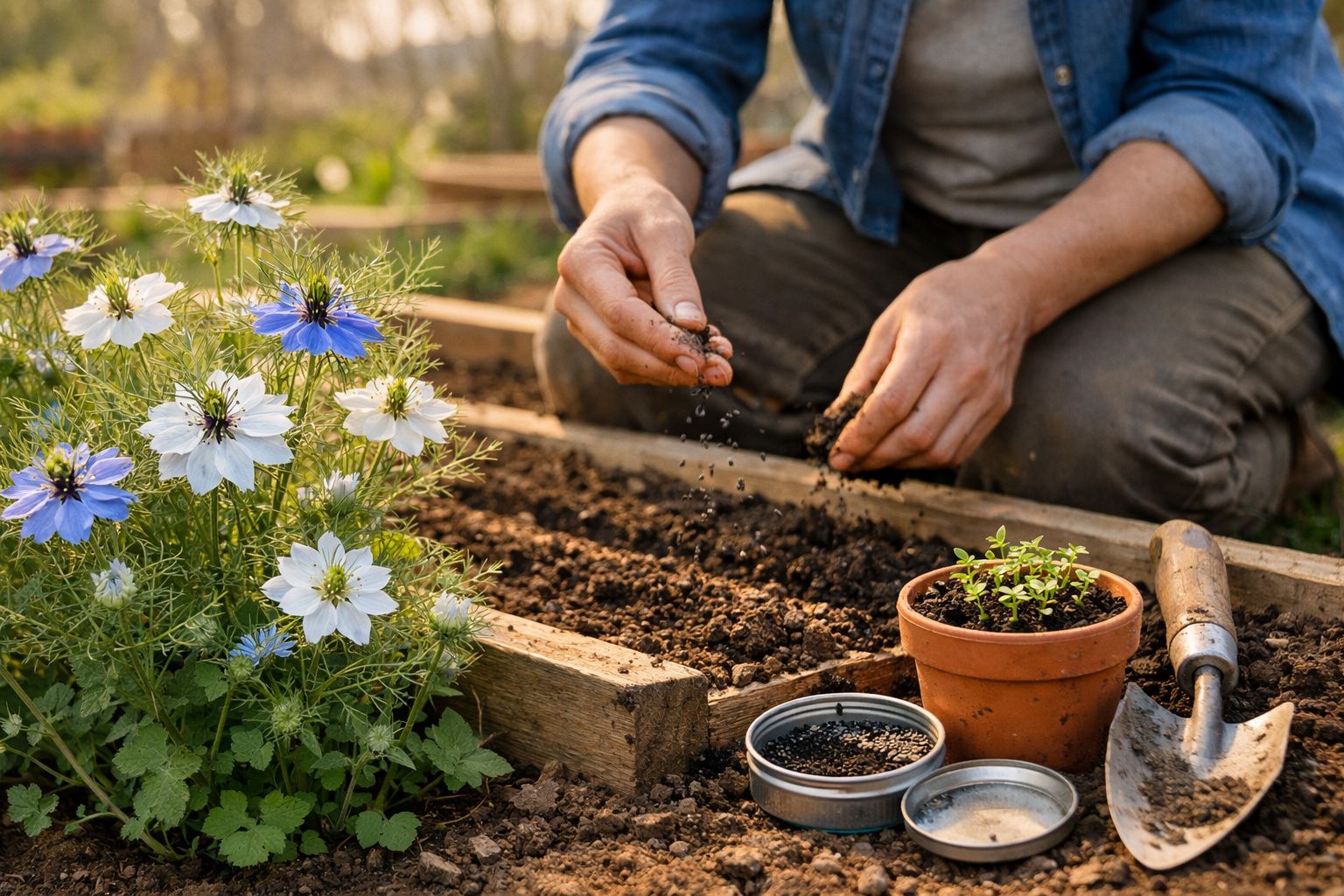 Pessoa plantando sementes em canteiro de madeira com flores, vaso, pá e recipiente de sementes ao lado.