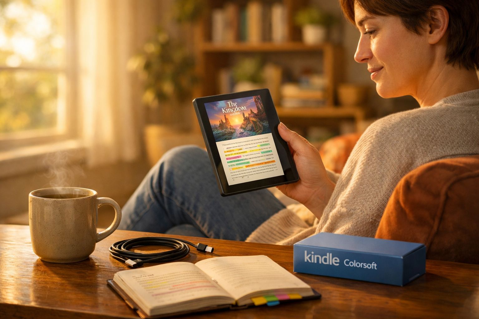 Pessoa lendo em um Kindle Colorsoft, aconchegada em sala iluminada, com café, livro aberto e embalagem do dispositivo na mesa