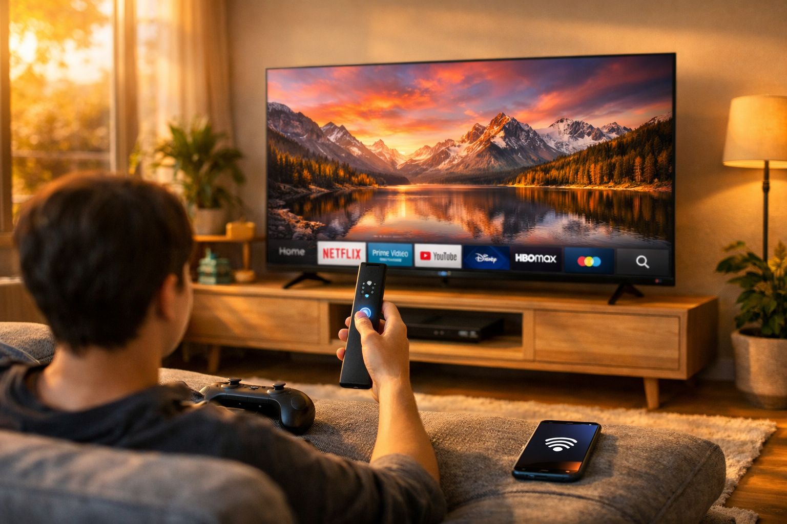 Pessoa segurando controle remoto assistindo TV com apps de streaming em sala aconchegante ao entardecer.