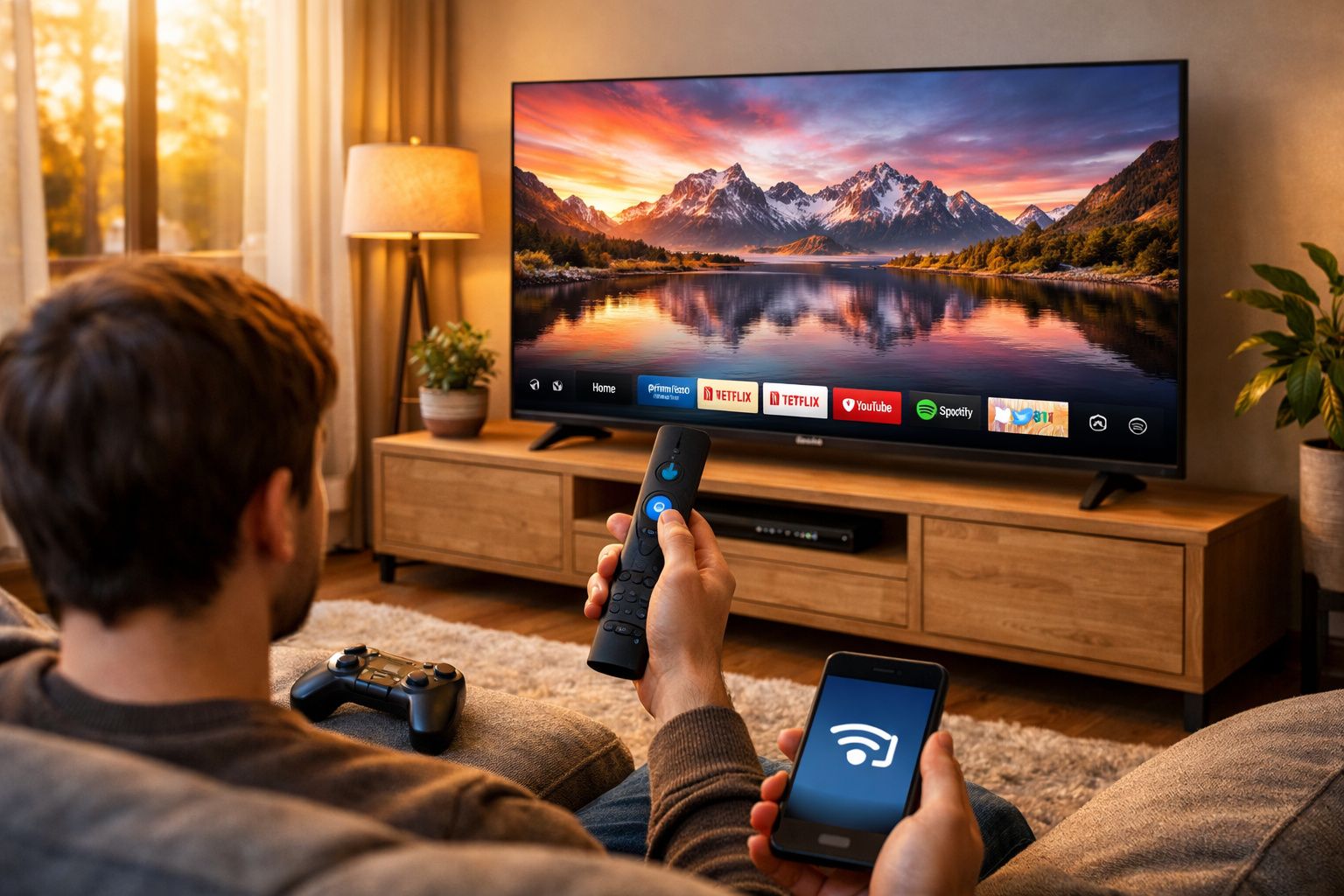 Homem sentado no sofá usando controle remoto e celular para acessar smart TV com apps de streaming.