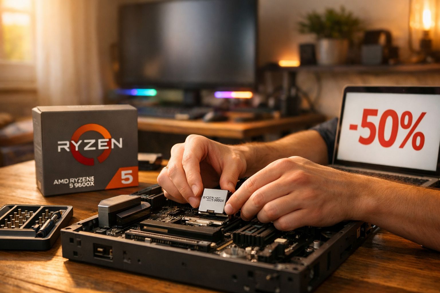 Pessoa instalando processador AMD Ryzen 5 9600X em placa-mãe com desconto de 50% no fundo.