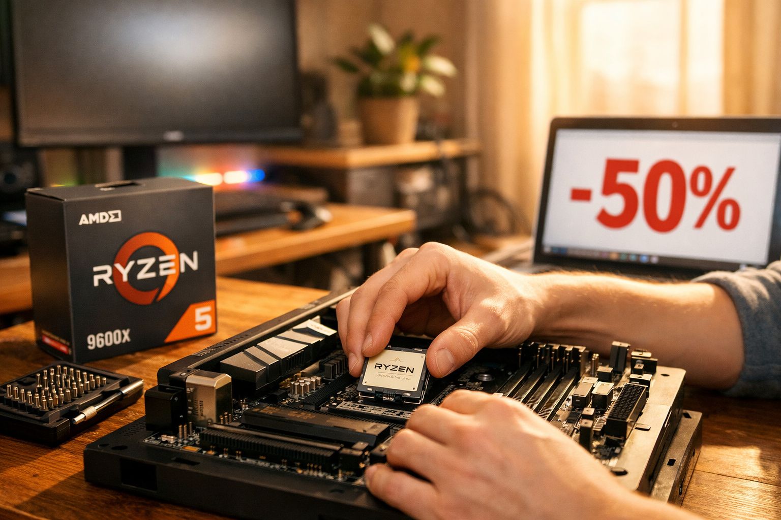Mãos instalando processador AMD Ryzen 5 em placa-mãe com caixa e computador exibindo desconto de 50% ao fundo.
