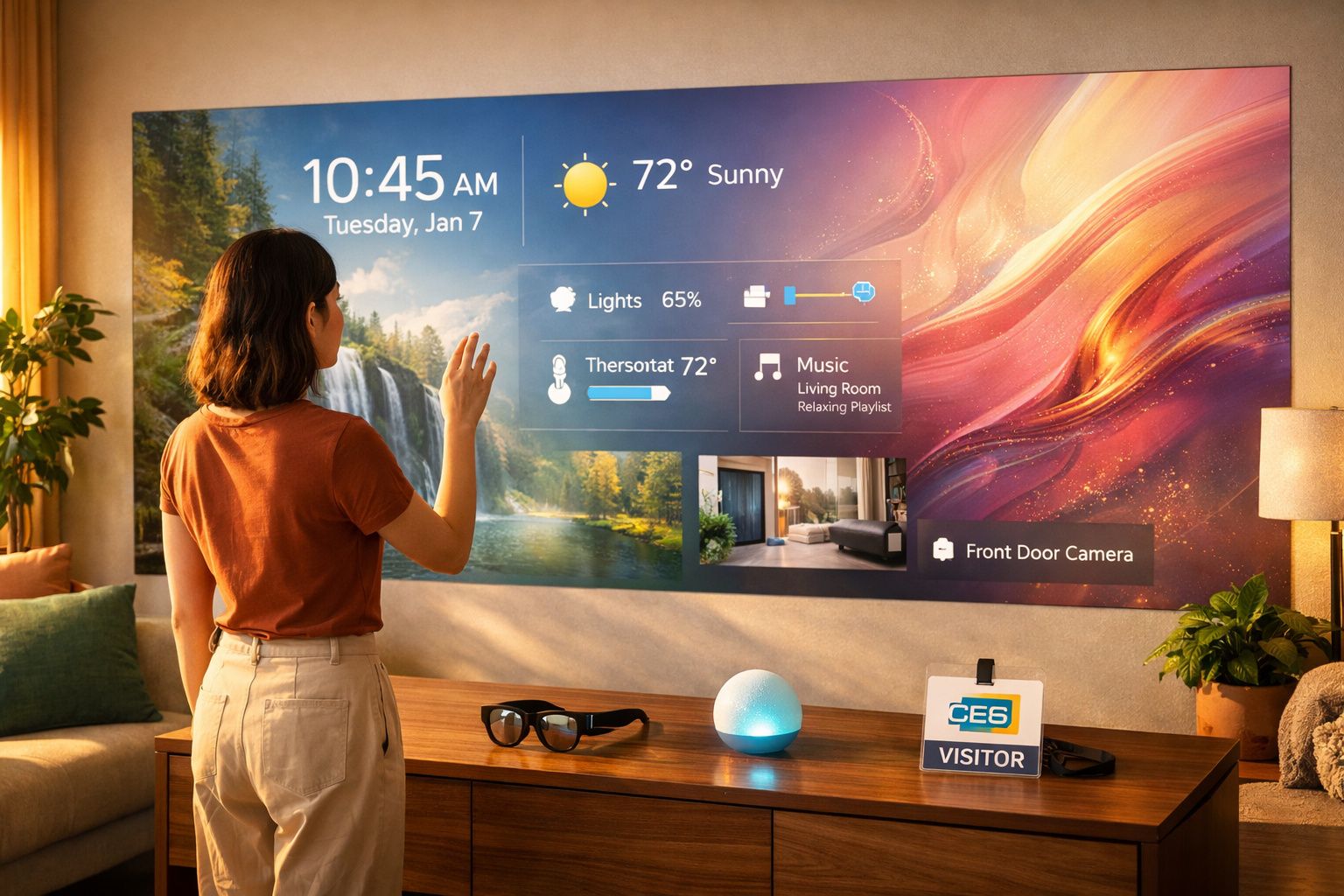 Mulher interage com tela grande mostrando data, hora, tempo, luzes, música e câmera da porta da frente.