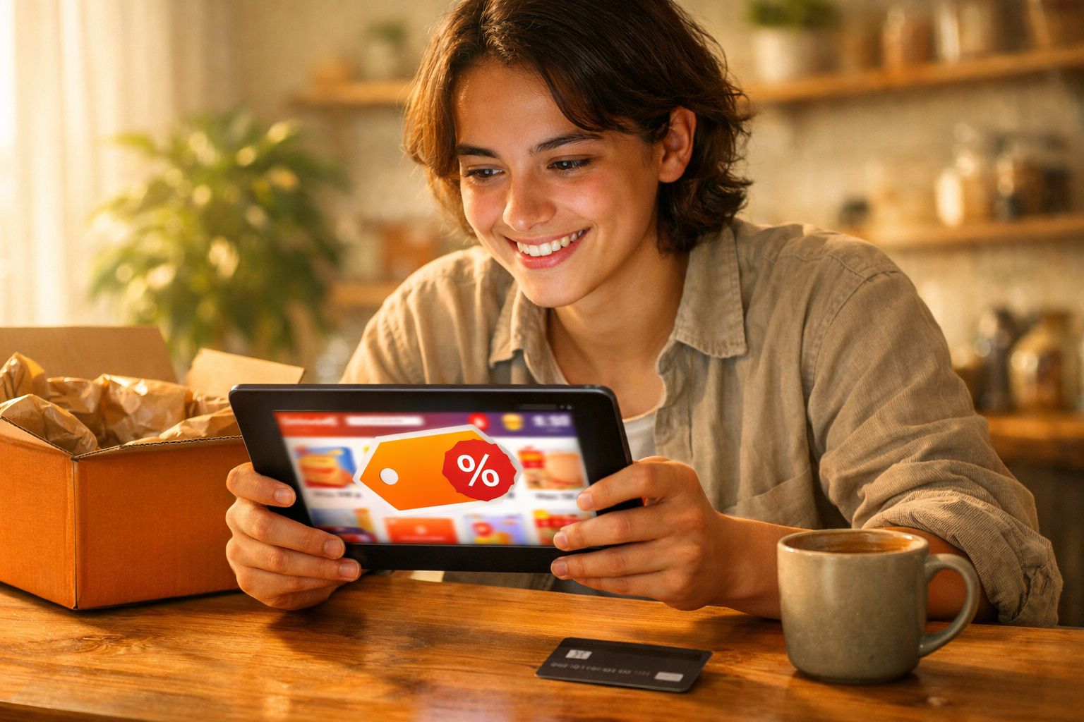 Jovem sorrindo enquanto faz compras online com tablet, com caixa e caneca ao redor na mesa.