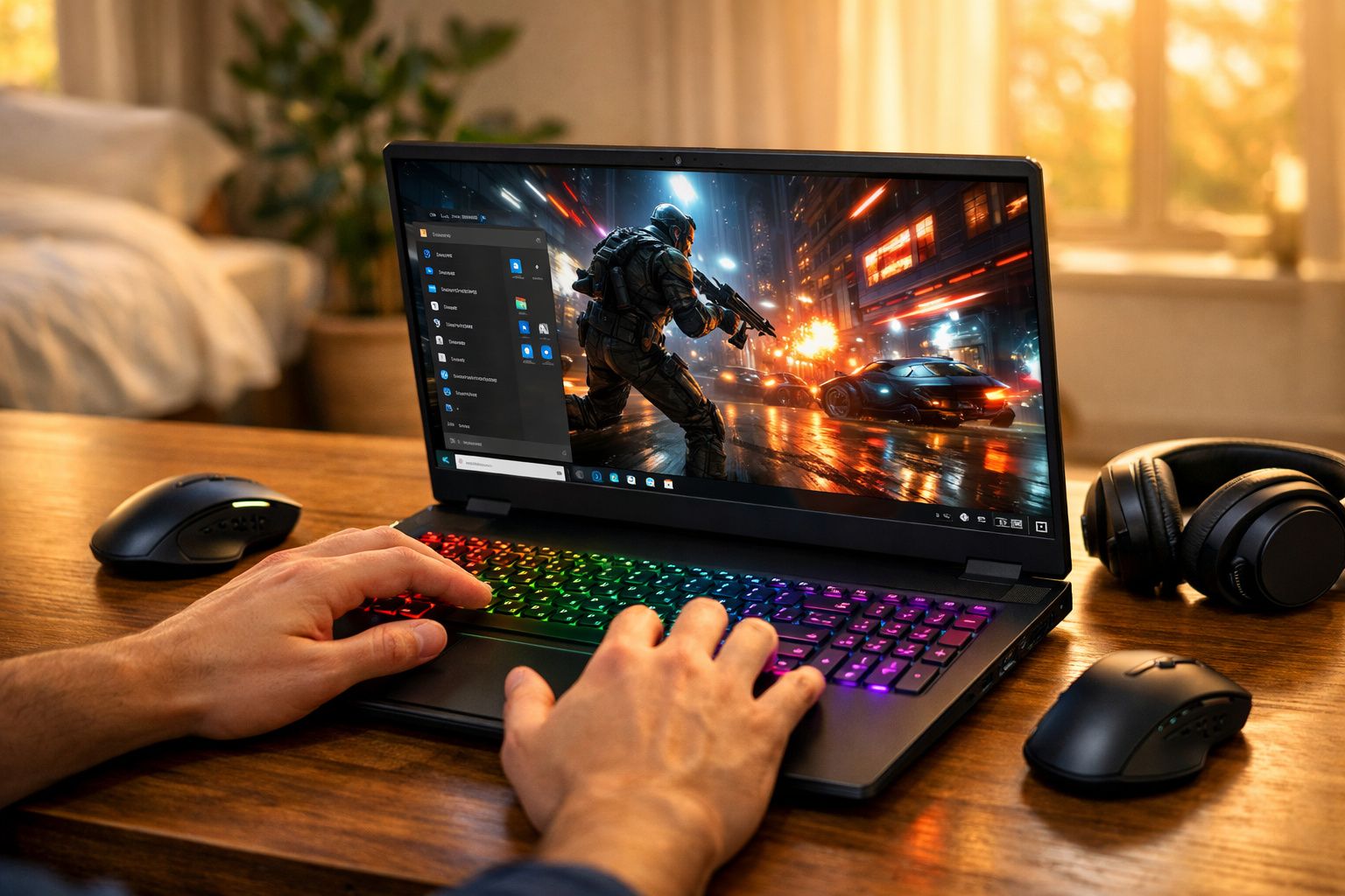 Pessoa jogando jogo de tiro em laptop com teclado retroiluminado colorido em mesa de madeira.