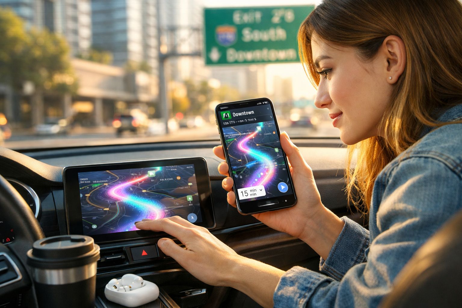 Mulher usando aplicativo de navegação por GPS no celular e no painel do carro.