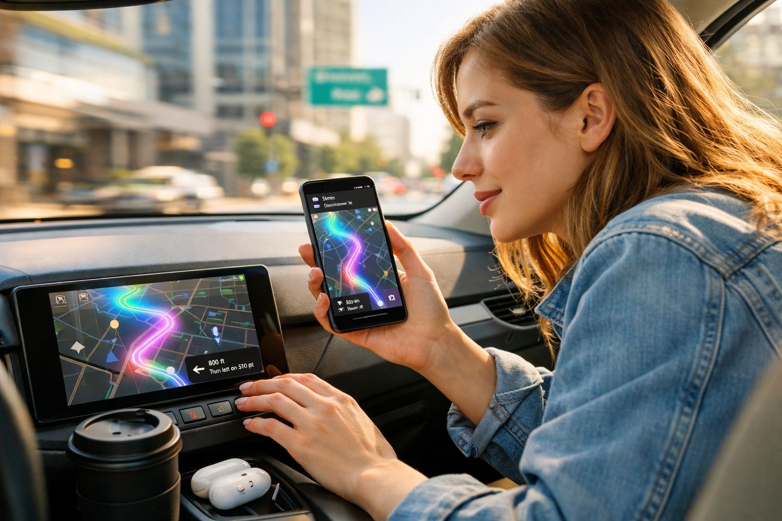 Mulher no carro usando aplicativo de navegação no celular e no painel com tela digital colorida.