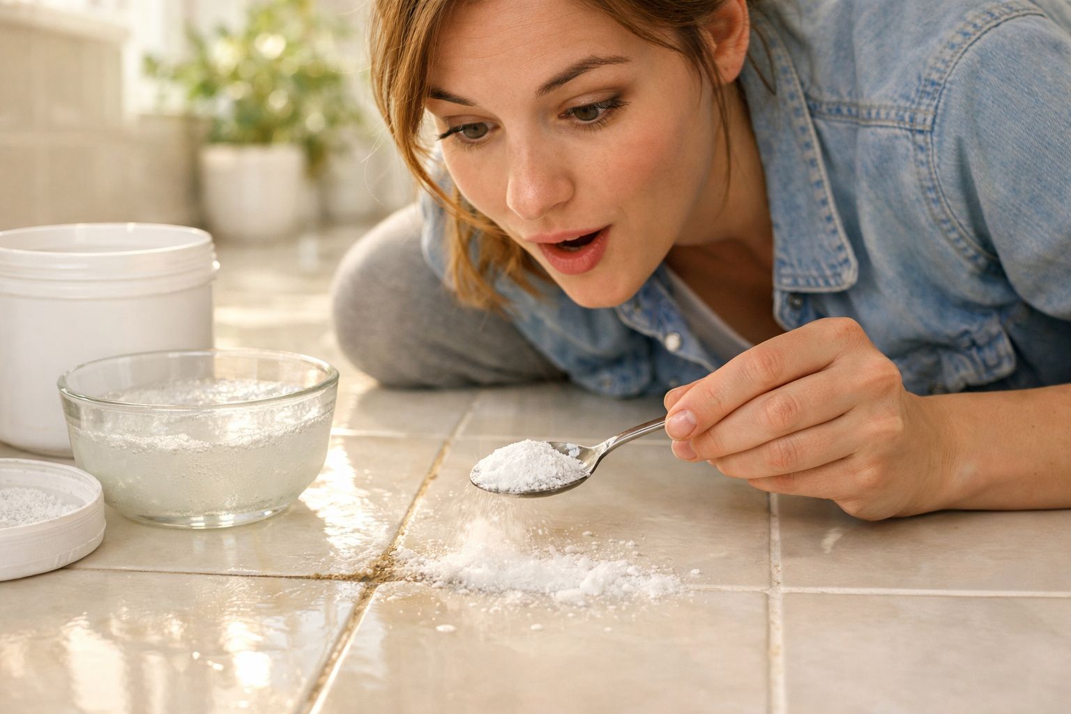 Mulher observando surpresa pó branco em colher para limpar rejunte sujo no chão de cerâmica.