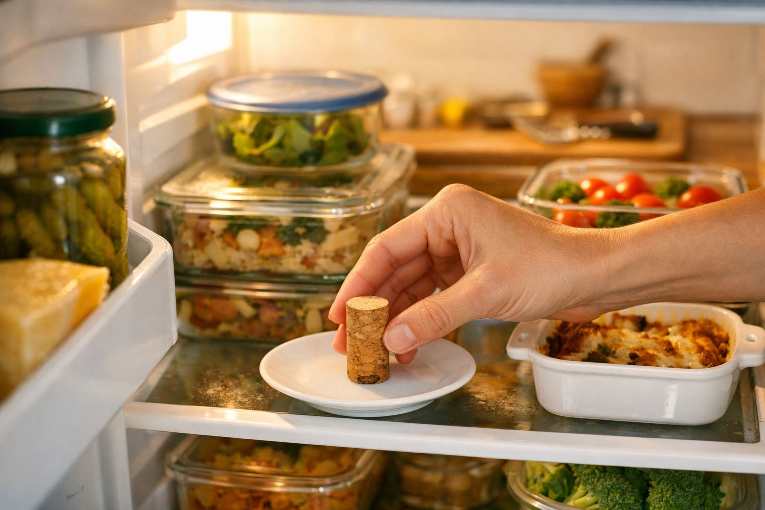 Mão guardando rolha de cortiça no prato dentro da geladeira com potes de alimentos e queijo ao redor.