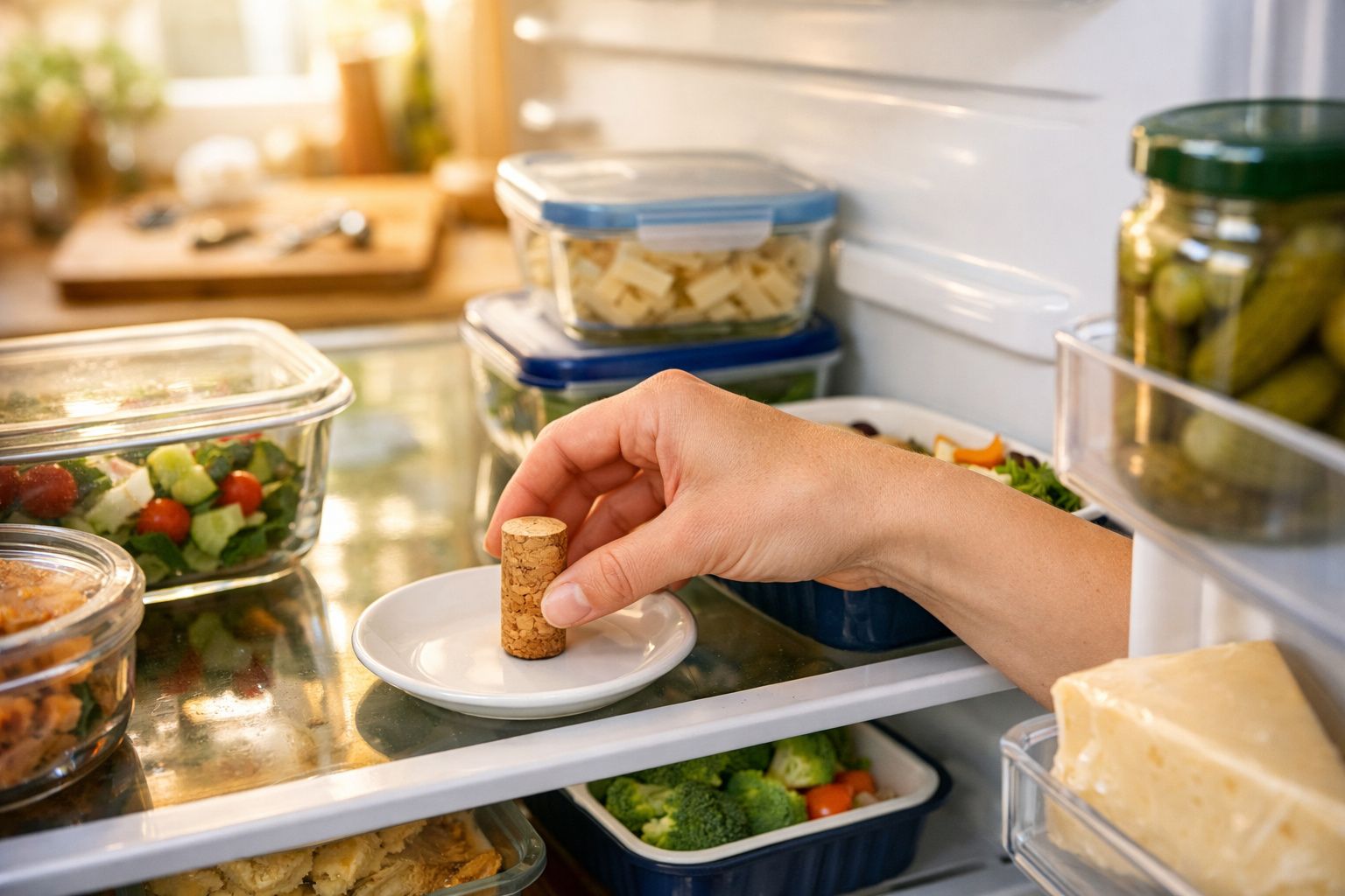 Mão tirando rolha de cortiça de prato dentro de geladeira com alimentos em potes plásticos e vegetais.