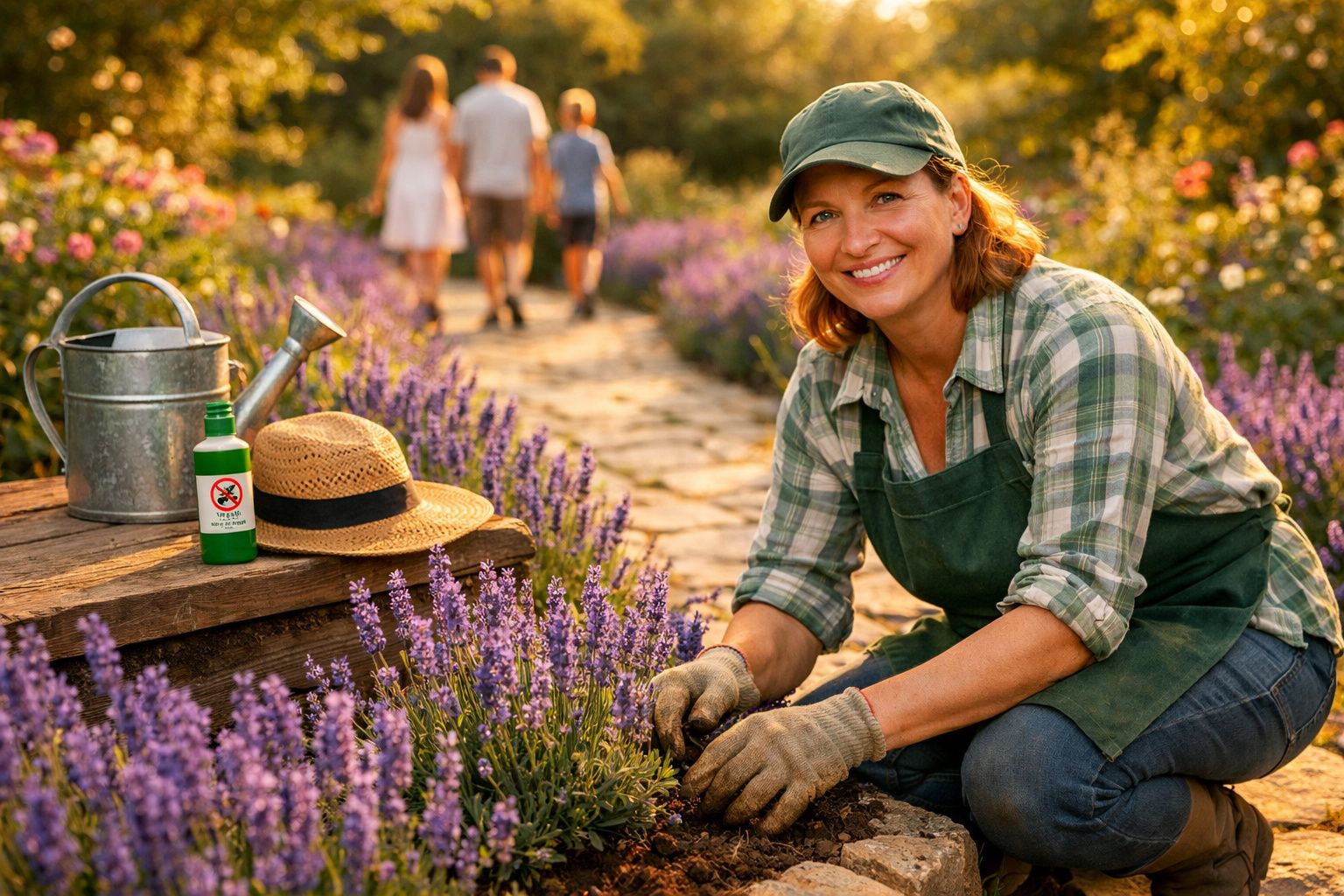 Mulher sorridente cuidando de lavandas em jardim com chapéu, regador e repelente ao lado.