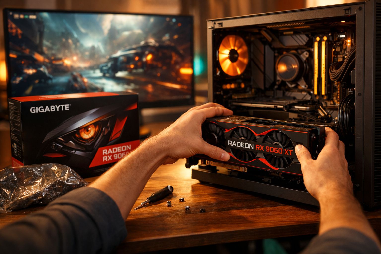 Mãos instalando placa de vídeo Radeon RX 9060 XT em computador aberto sobre mesa de madeira.