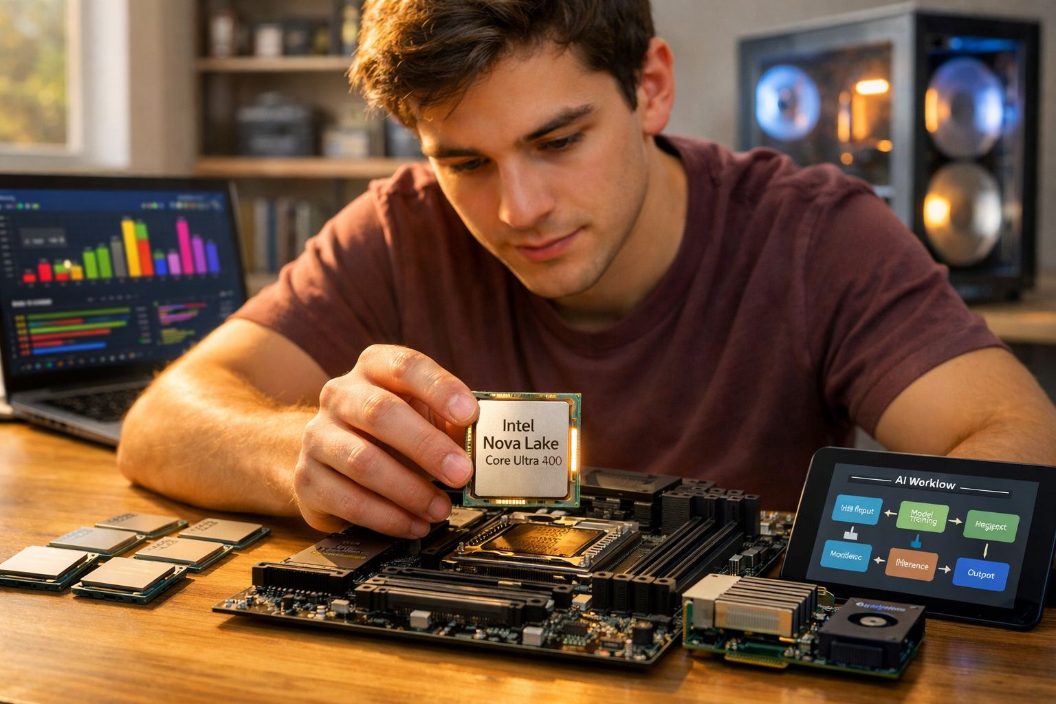Jovem segurando processador Intel Nova Lake Core Ultra 400 próximo a placa-mãe e telas com gráficos e fluxo de IA.