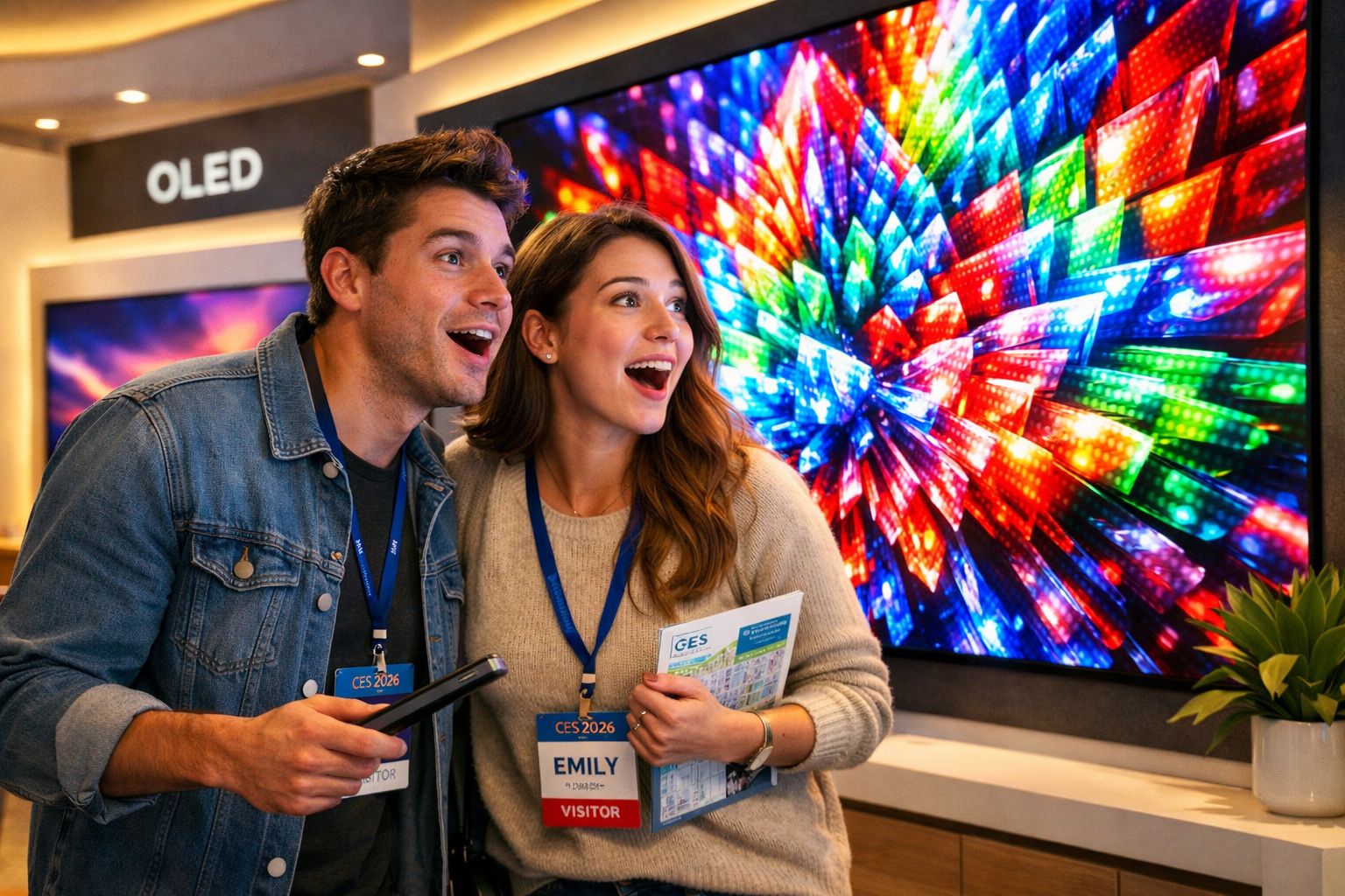 Casal animado observa TV com imagem colorida em exposição de tecnologia CES 2026.