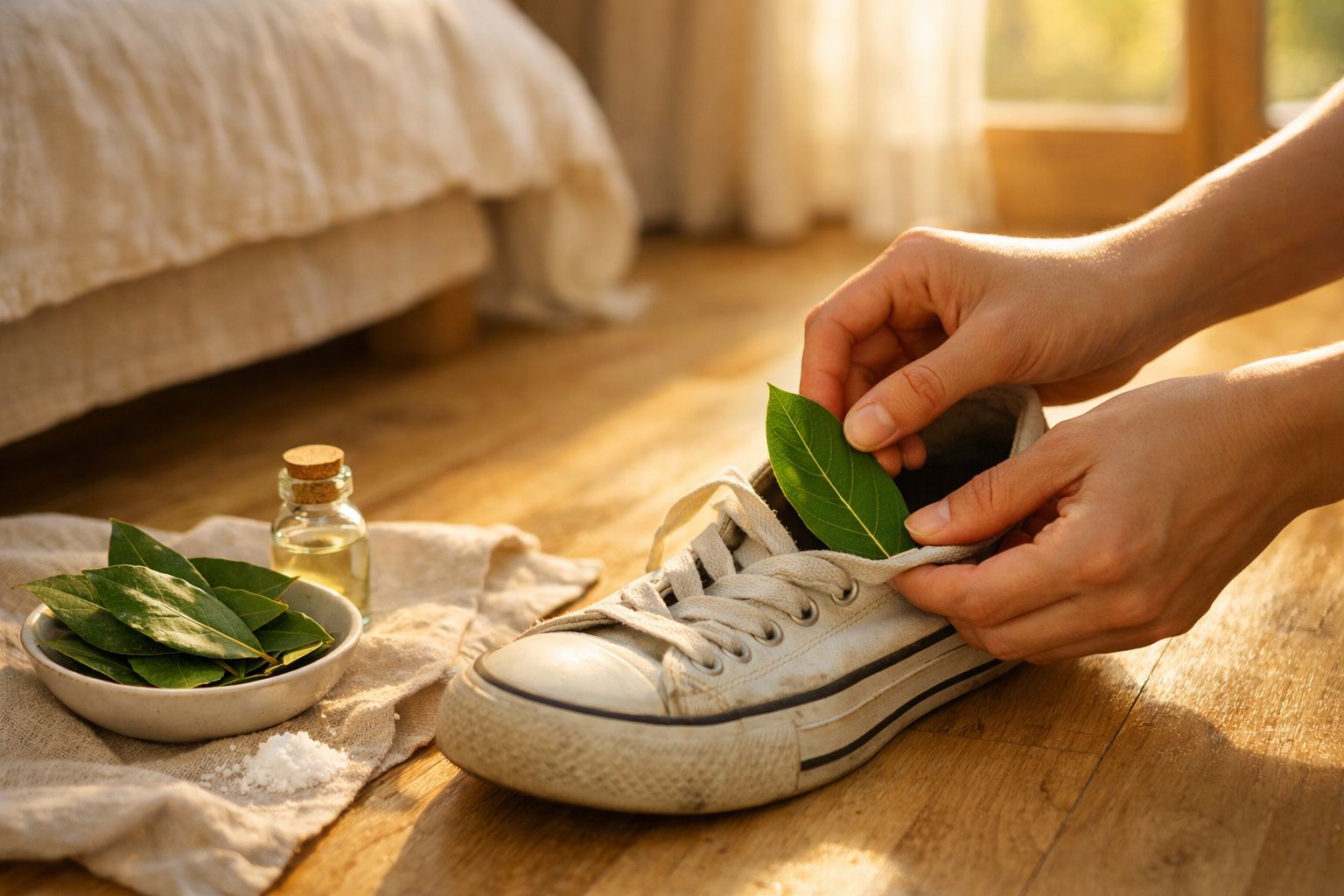 Mãos colocando folhas verdes dentro de um tênis branco sobre piso de madeira com óleos essenciais ao lado.
