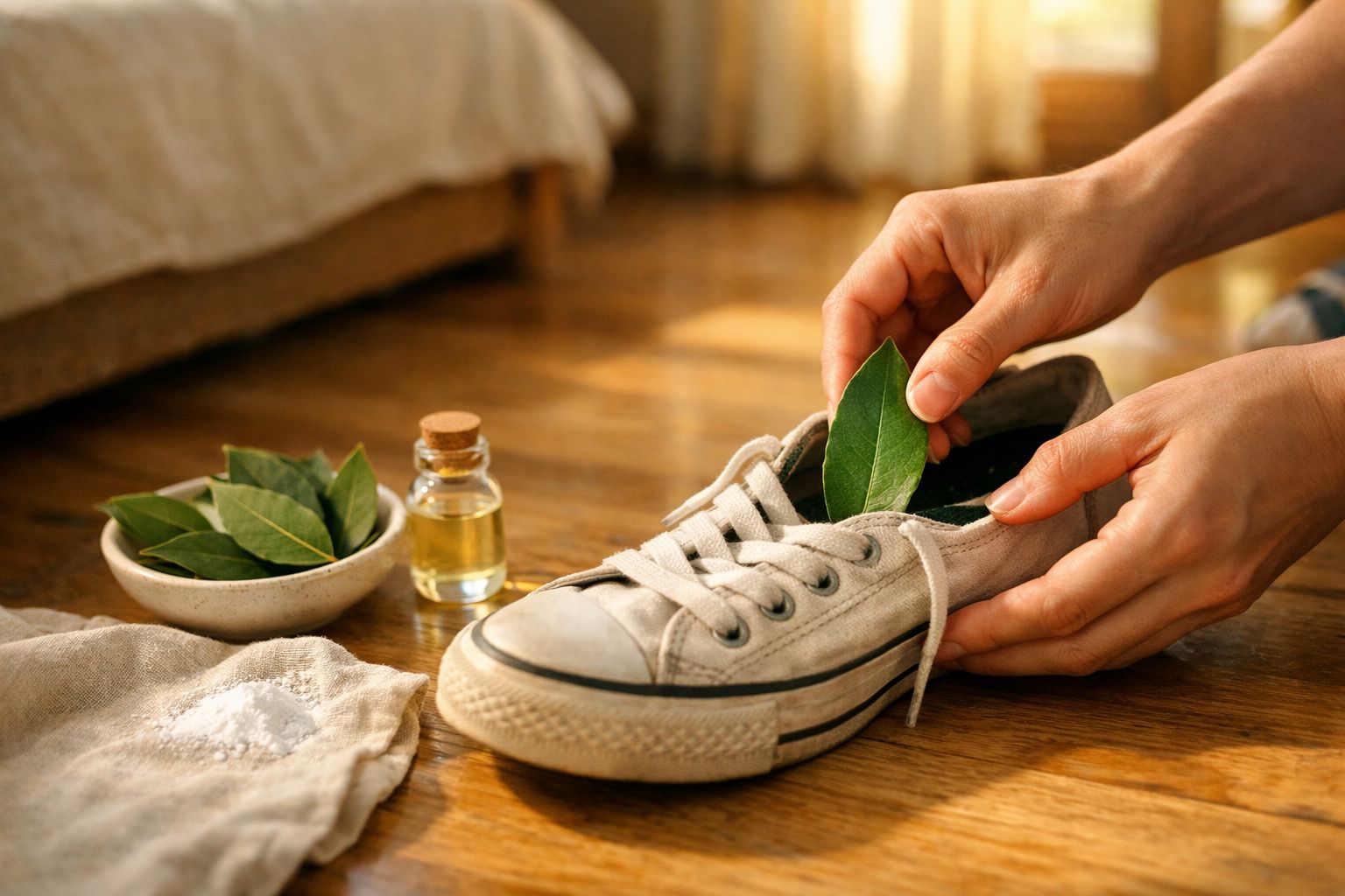 Mãos colocando folhas de louro dentro de tênis branco em chão de madeira, com óleo e sal ao lado.