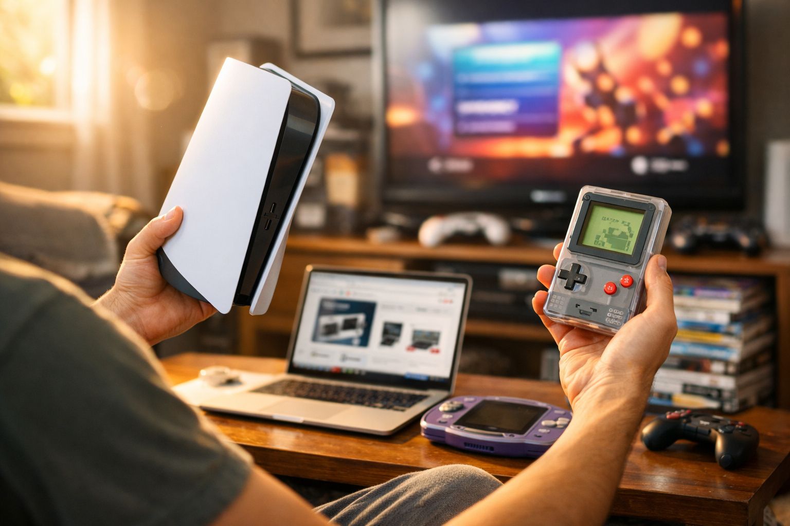 Pessoa segurando um console moderno e um portátil antigo, com laptop e videogames ao fundo.