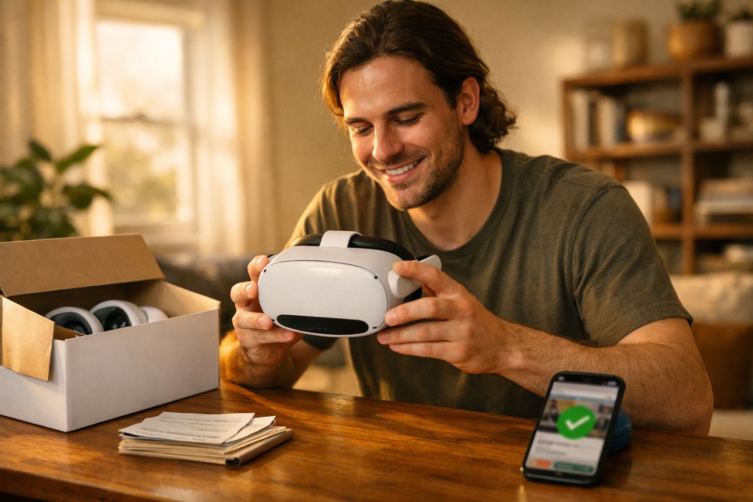 Homem sorridente segurando headset de realidade virtual branco em mesa com celular e caixa aberta.