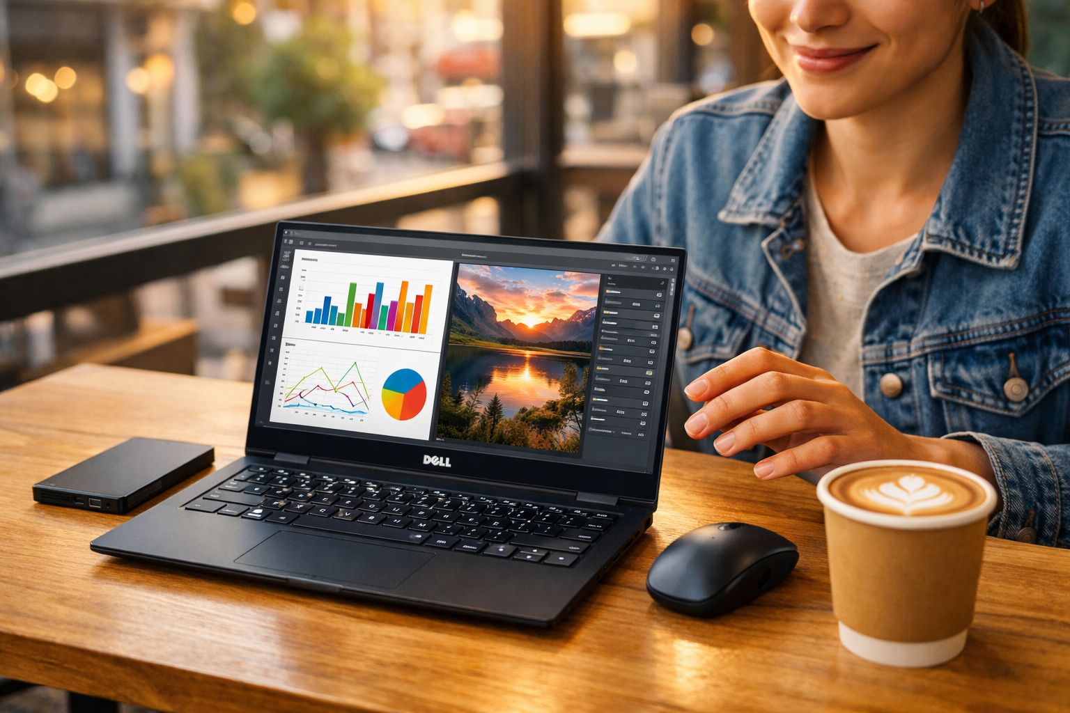 Pessoa usando notebook Dell com gráficos e edição de fotos na tela, com café e mouse em mesa de madeira.