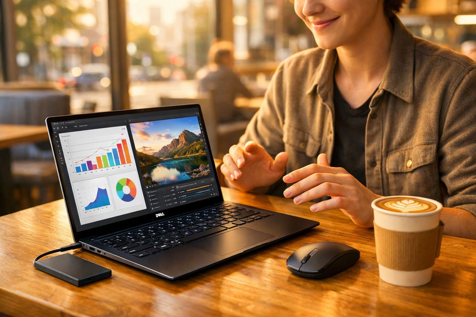 Pessoa trabalhando em laptop com gráficos e fotos, ao lado de café e mouse em mesa de madeira.