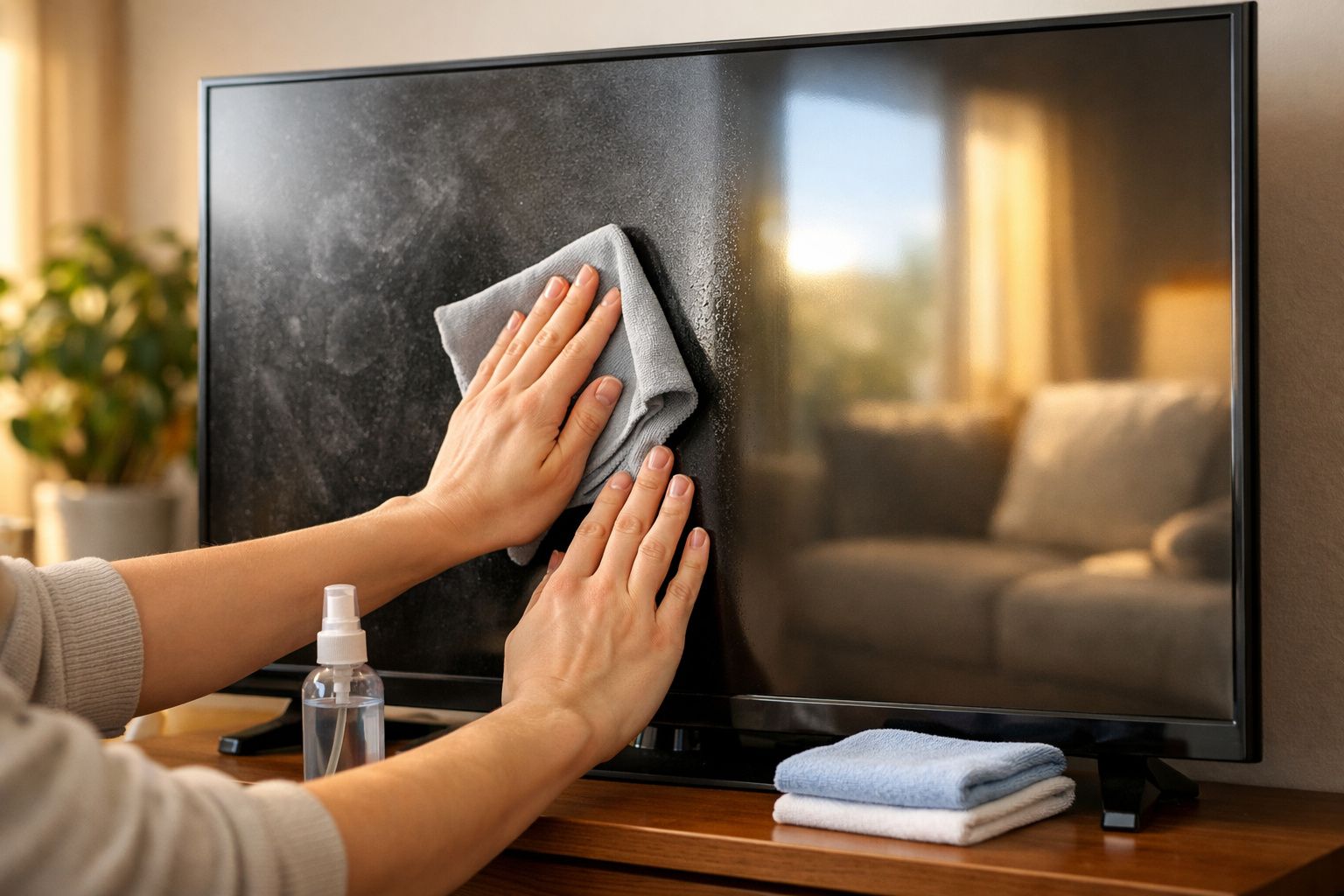 Pessoa limpando a tela de uma televisão com um pano cinza e spray de limpeza ao lado.
